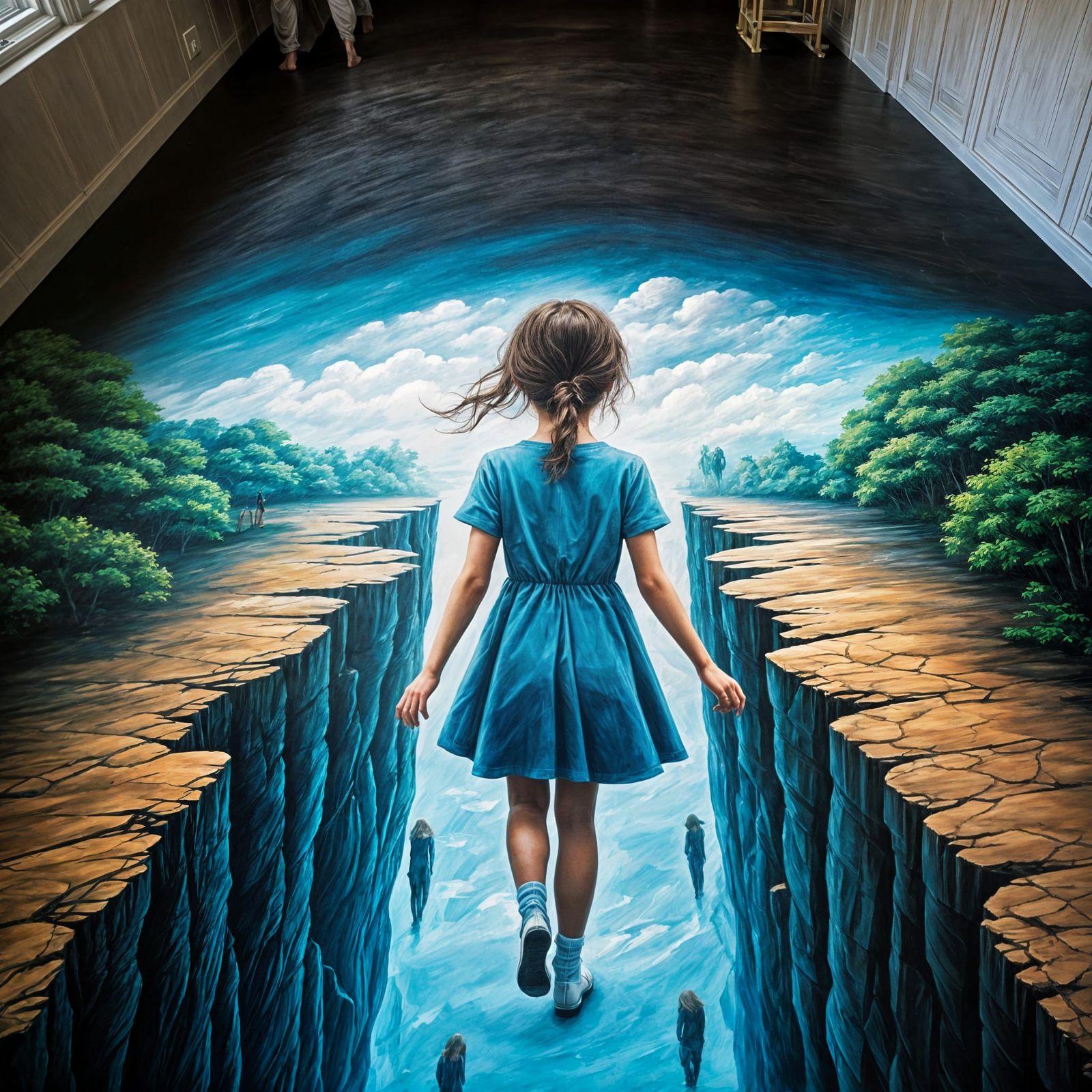 Trompe-l'oeil Chalk Drawing of Girl Over Abyss