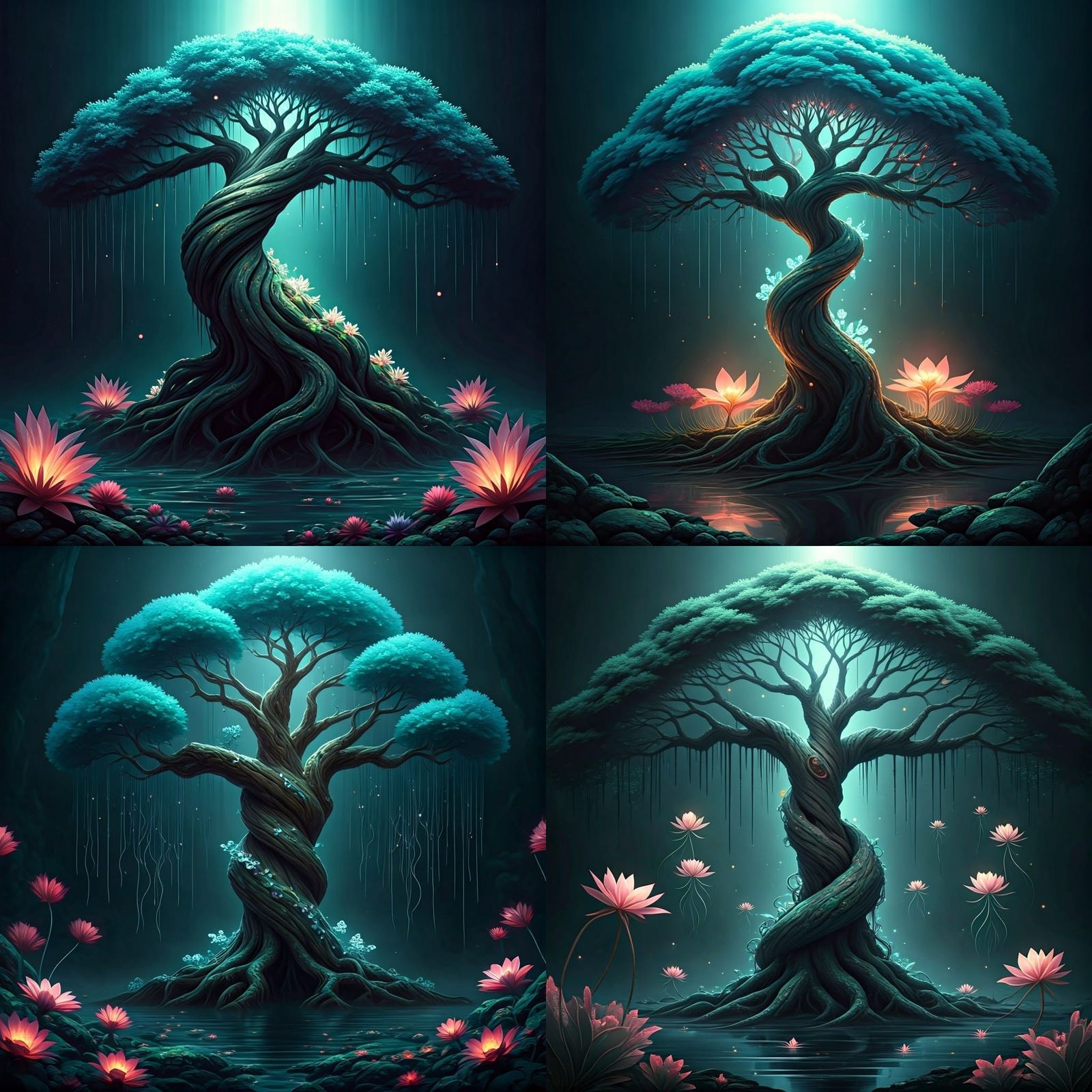 Enchanted Tree Blooms with Celestial Orbs