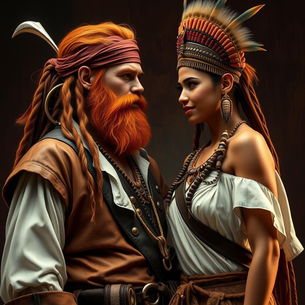 Pirate and Tribal Woman in Nostalgic Matte Painting