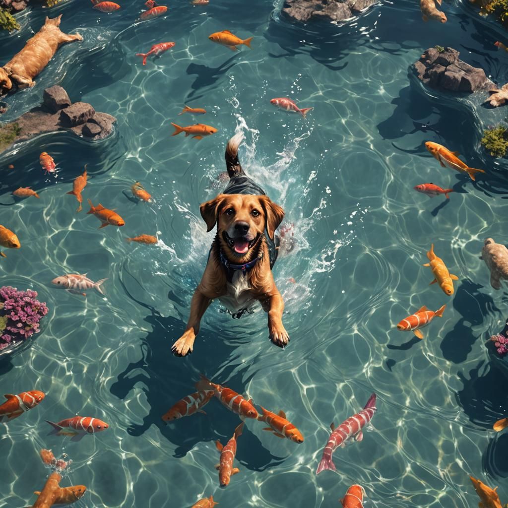 Dog Swimming in Ocean Pool: Fantasy Concept Art