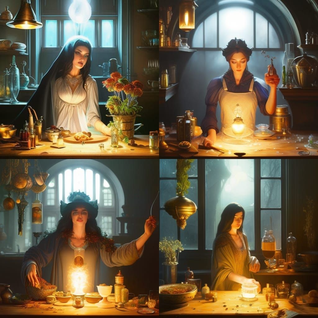 Enchanting Kitchen Witch Portrait in Apothecary Setting