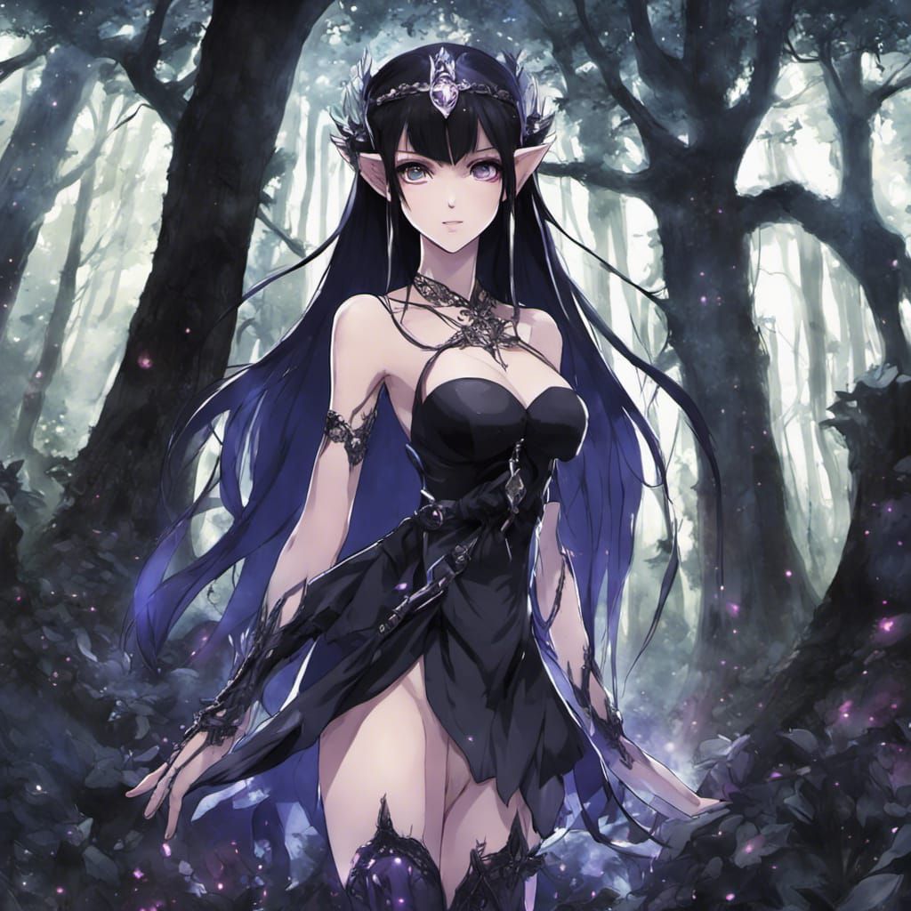 Dark Elf in Enchanted Forest: Anime Style
