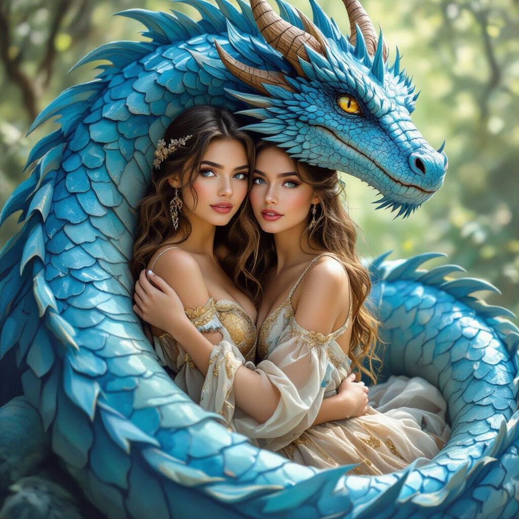 Woman Embraces Majestic Blue Dragon in Romantic Art Style