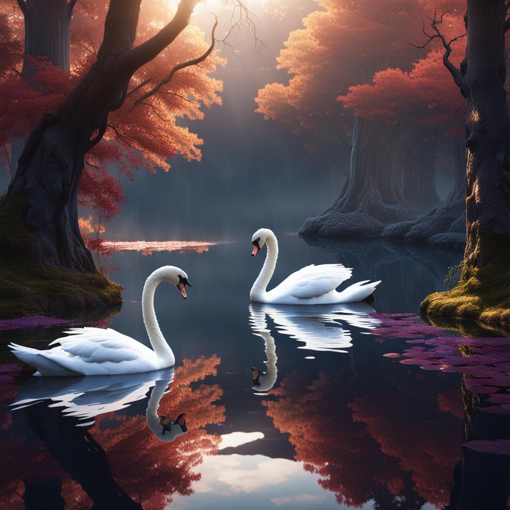 Swan Lake Reflection: Detailed Fantasy Concept Art