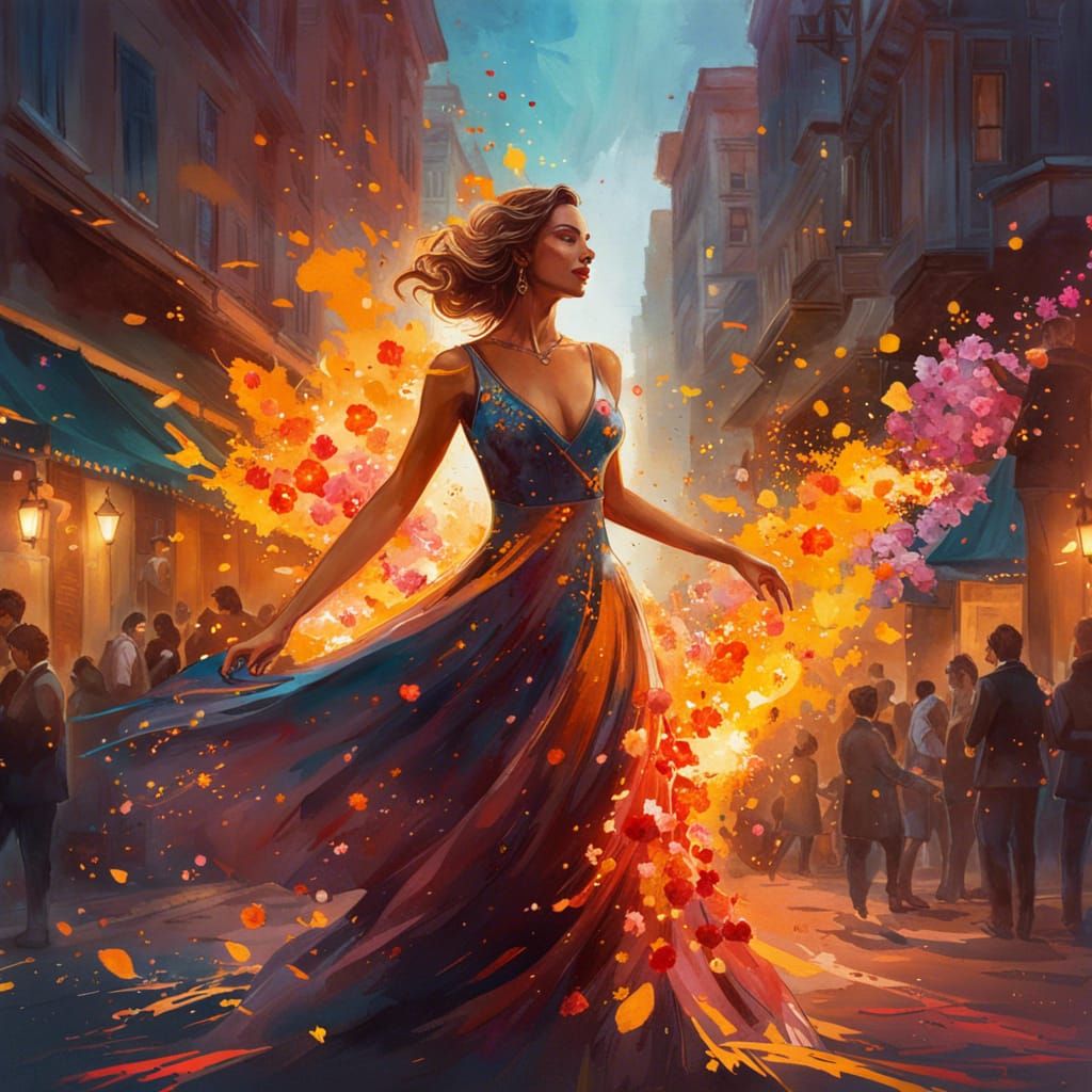 Fiery Flower Dancer in Watercolor Cityscape