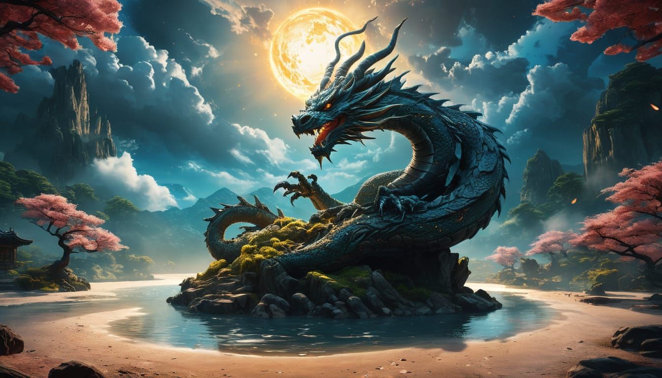 Celestial Dragon Protects Sakura Tree in Anime Style