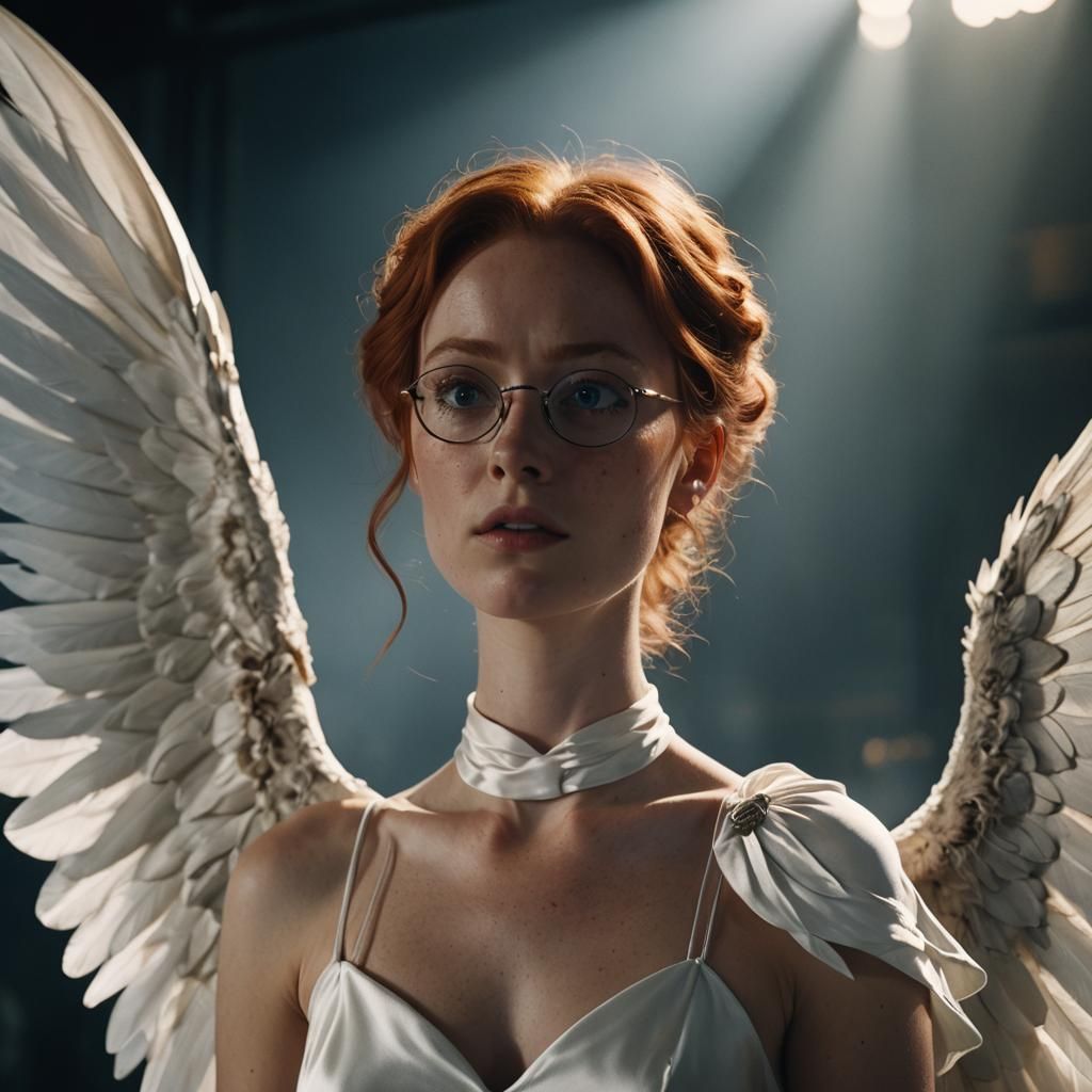 Winged Woman in Satin Dress: Cinematic Film Still