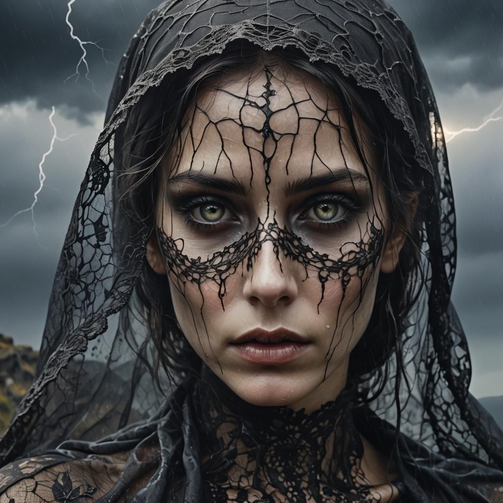 Gothic Surrealism: Woman in Lace on Cliff