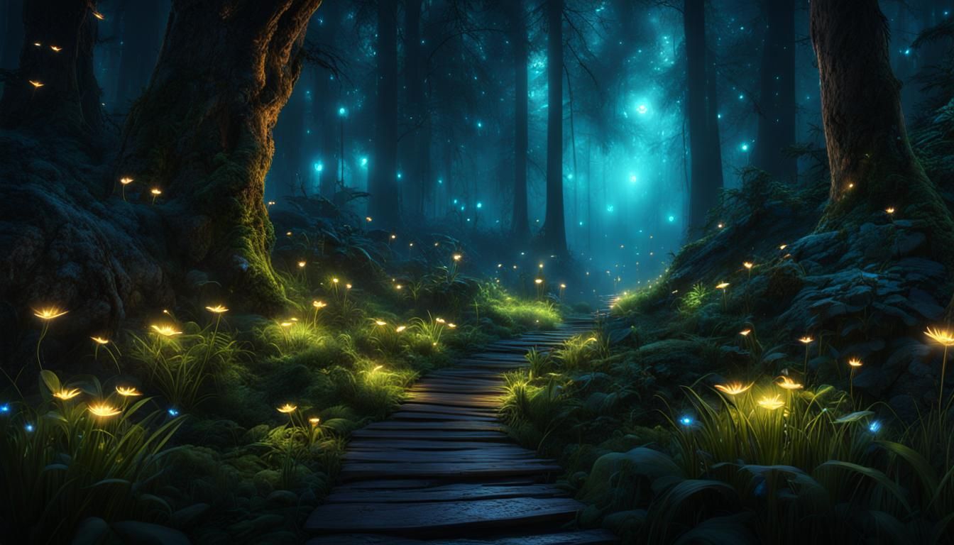 Enchanted Forest Path with Bioluminescent Fireflies