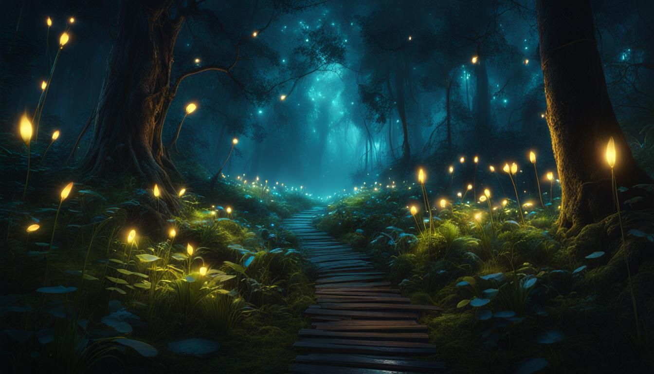 Enchanted Forest Path with Bioluminescent Fireflies
