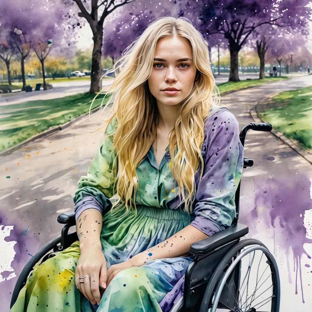 Colorful Watercolor Portrait of Woman in Urban Park