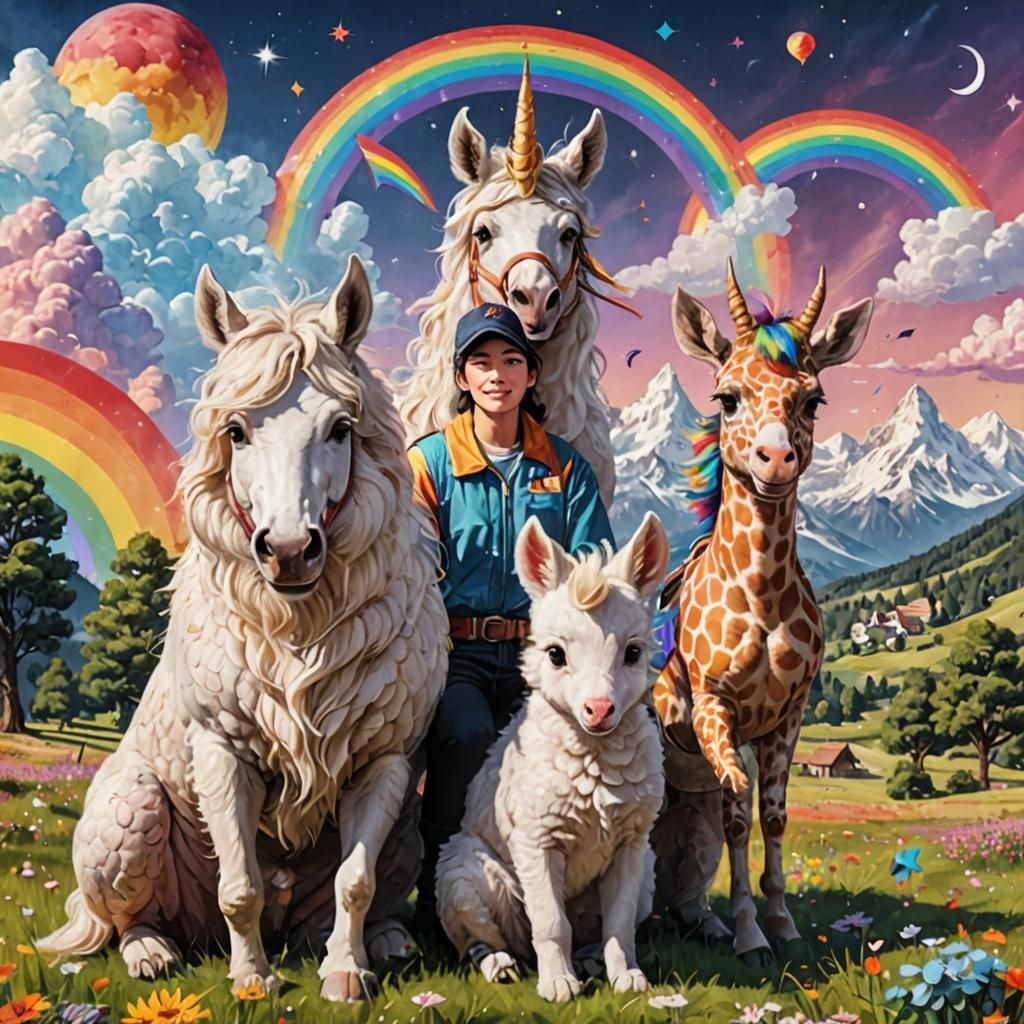 Surreal Unicorn and Zebra Landscape with Rainbow Reflection