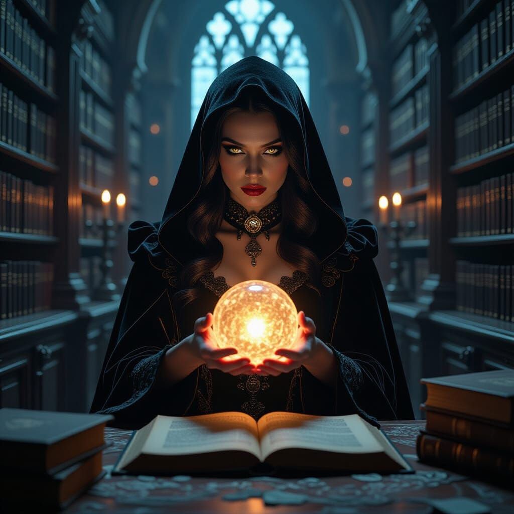 Gothic Vampire in Hidden Library with Glowing Orb