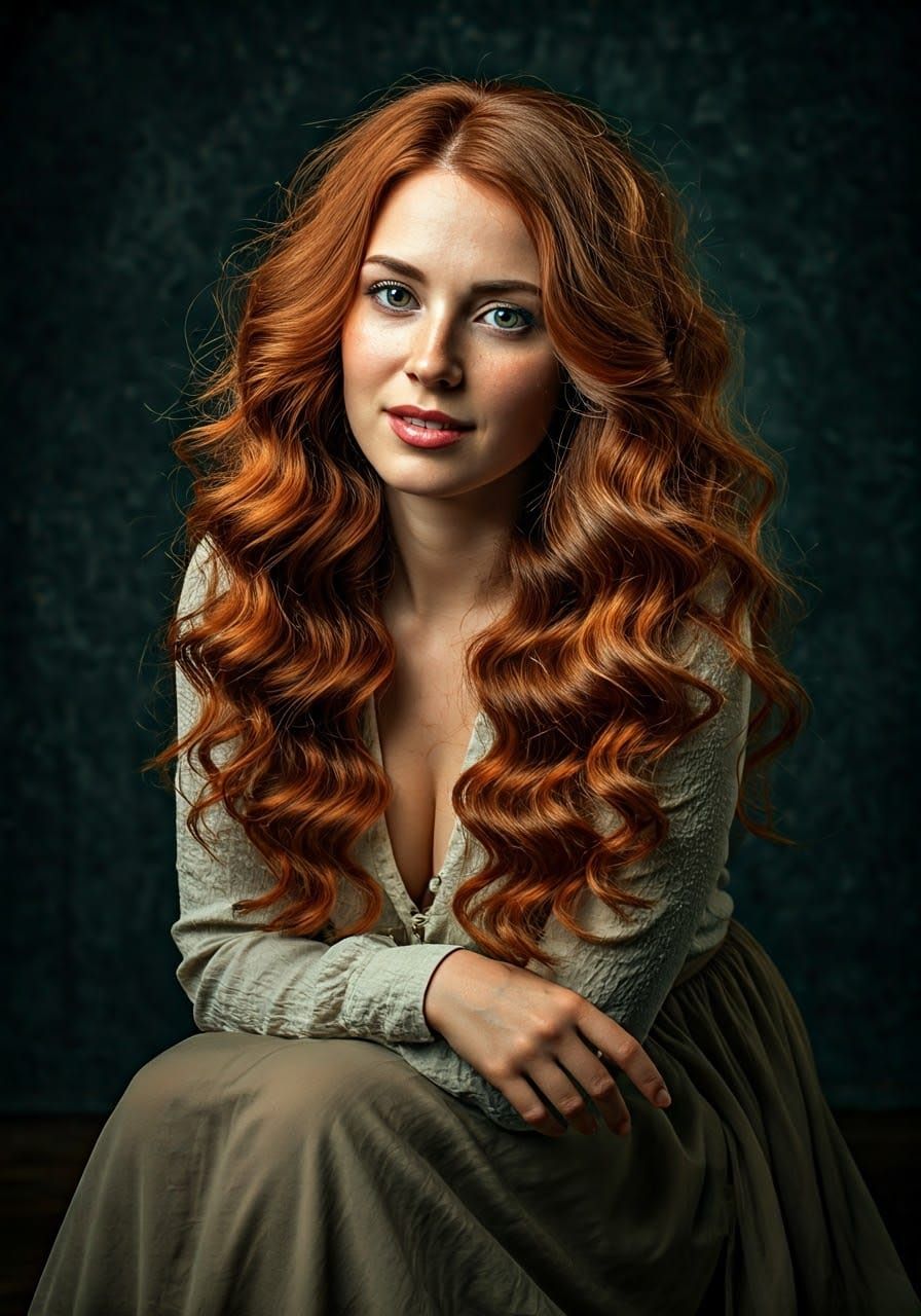 Auburn-Haired Woman with Freckles in Dark Room