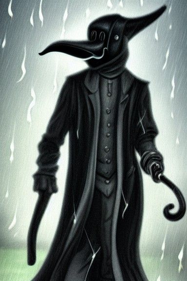 Plague Doctor Walks in Rain: Hyperdetailed
