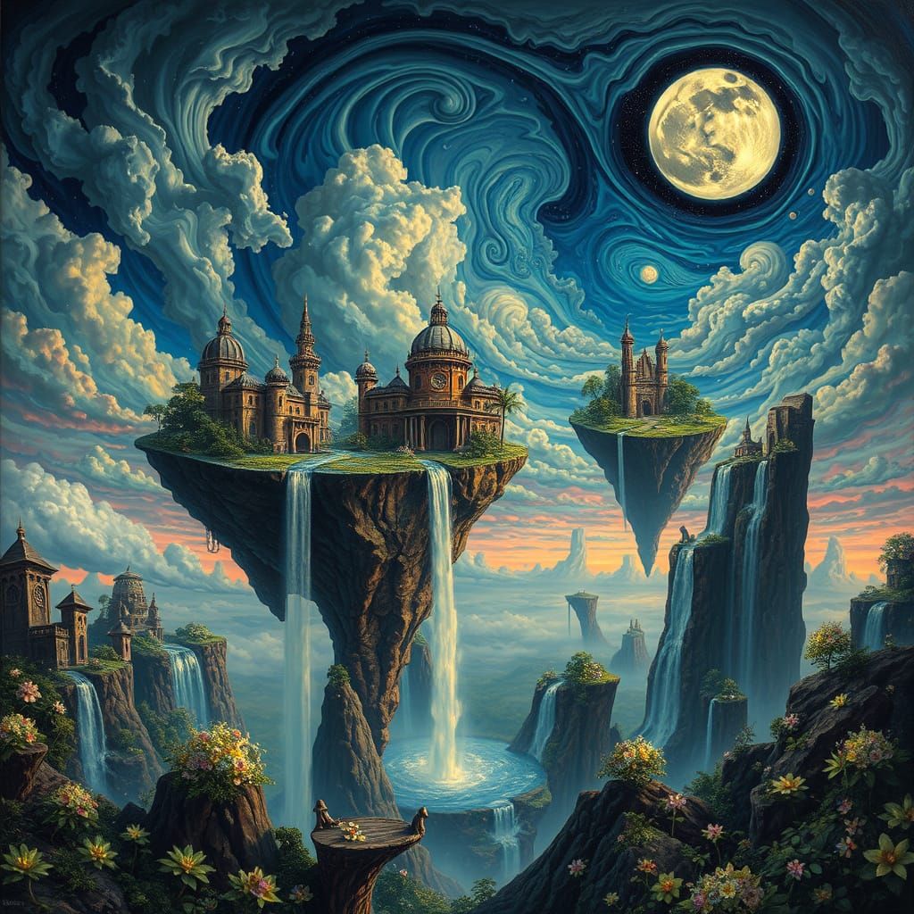 Dreamlike Floating Islands Under Fractured Moon