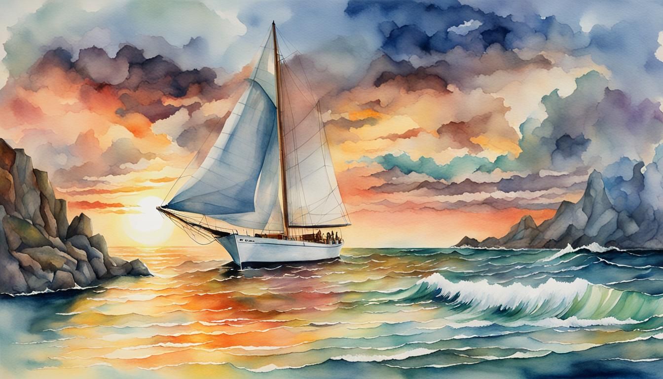 Watercolor Sailboat at Sunset with Stormy Seas
