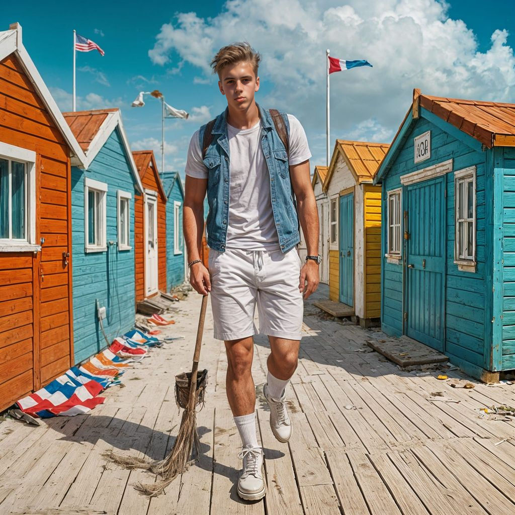 Handsome Young Man Cleans Seaside Promenade