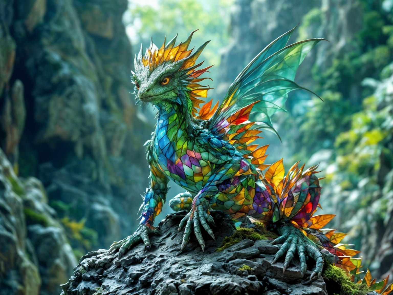 Stained Glass Faerie Dragon on Rocky Peak