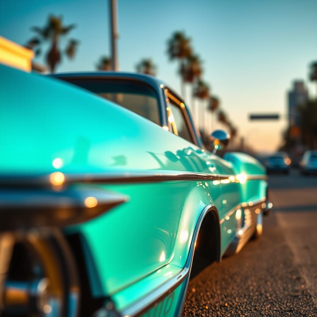 Sunset metallic sky blue lowrider car in LA street Sunset
