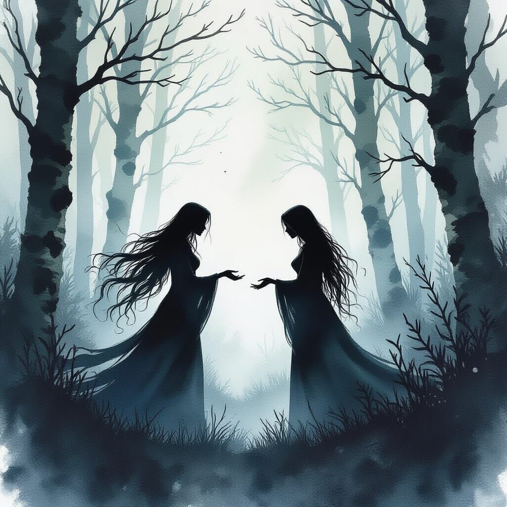 Sinister Banshees Meeting in Irish Forest Watercolor