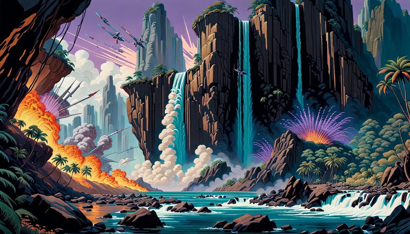 Futuristic Battle Scene with Embroidered Elements