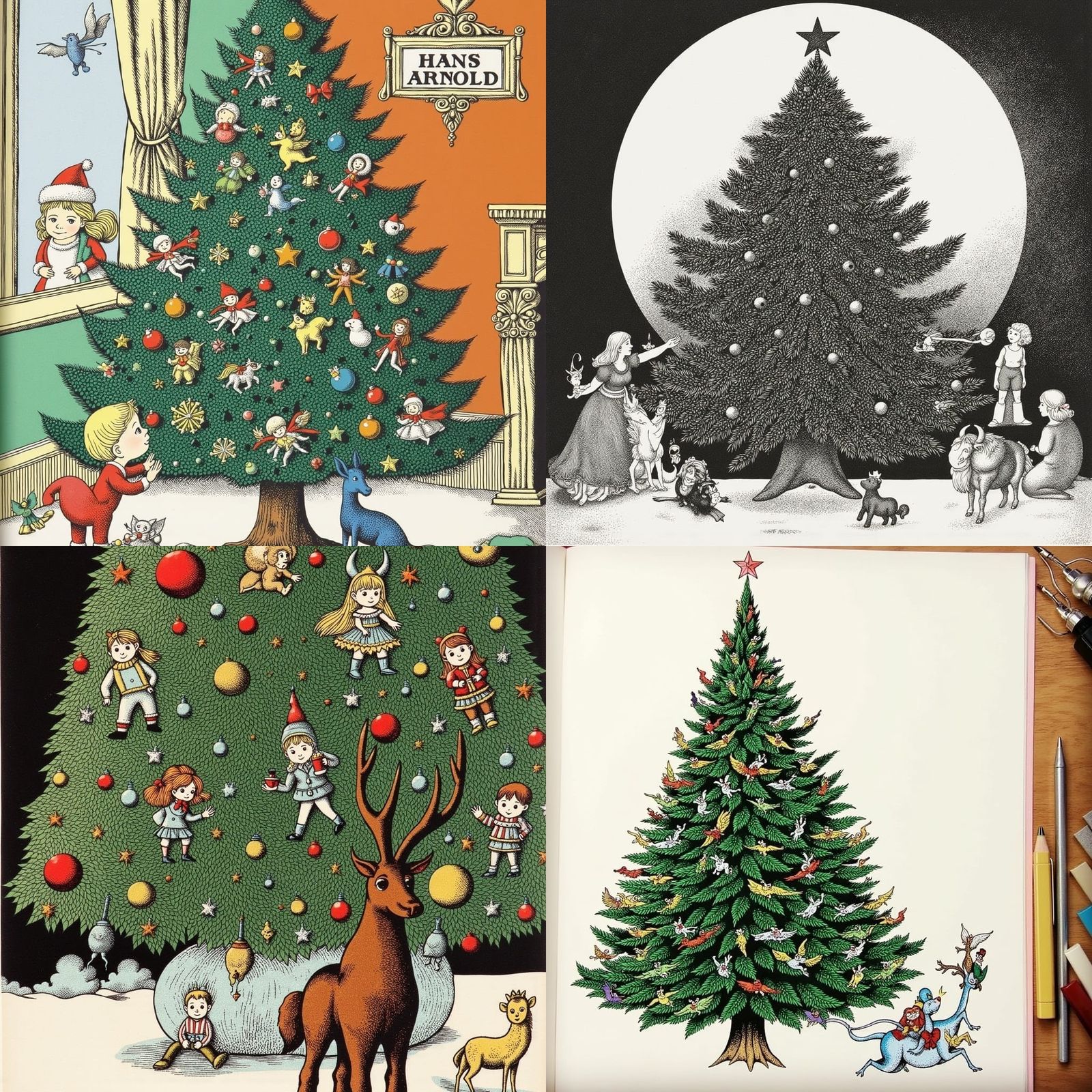 Surreal Christmas Tree in Whimsical Watercolor Style