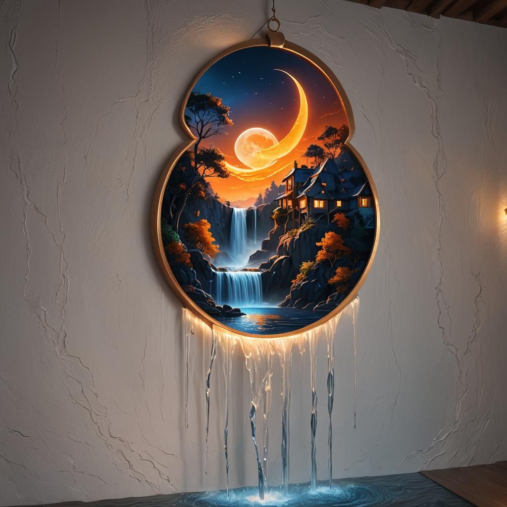 Crescent Moon Waterfall in Dreamlike Fantasy Art
