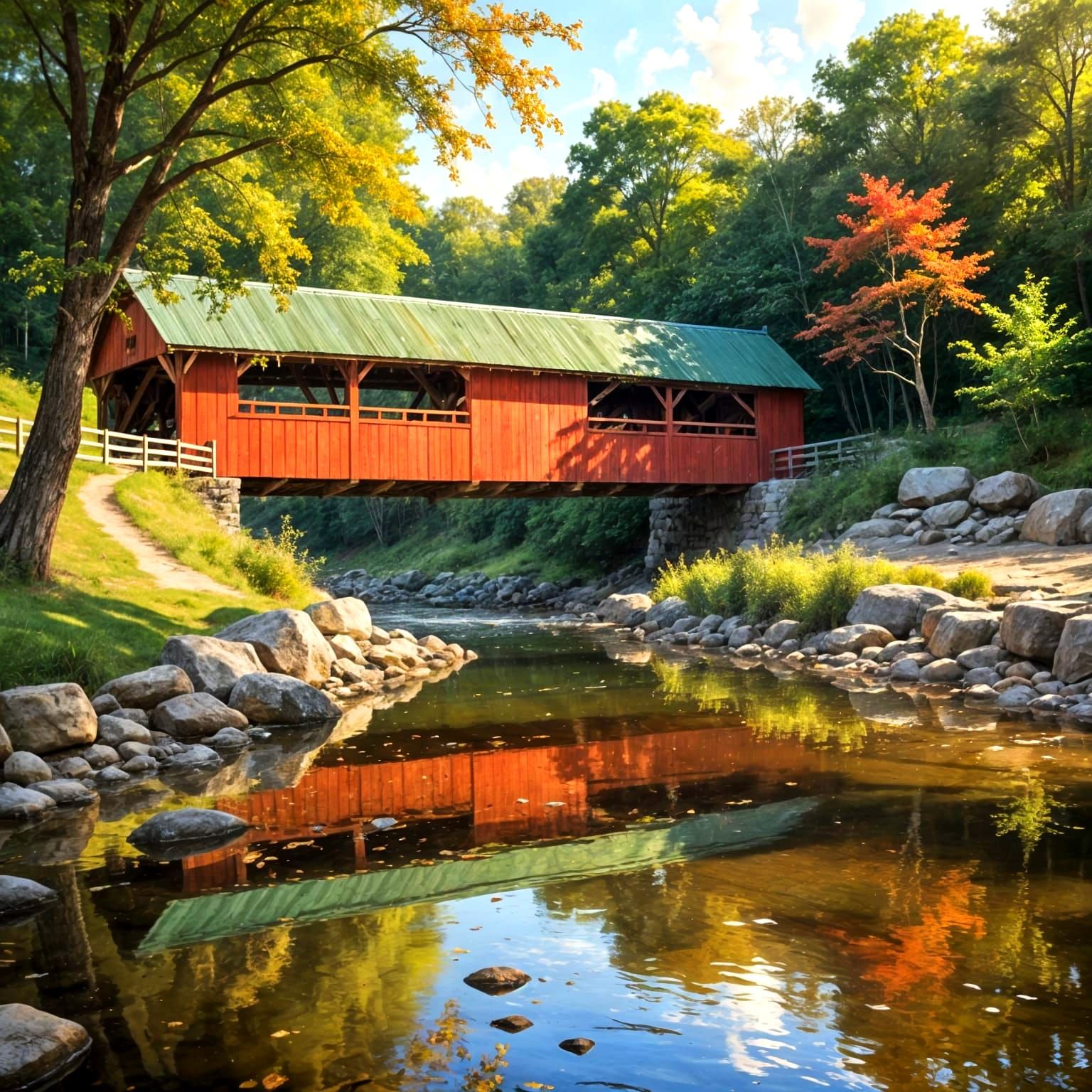 Antique Covered Bridge Over a Serene River