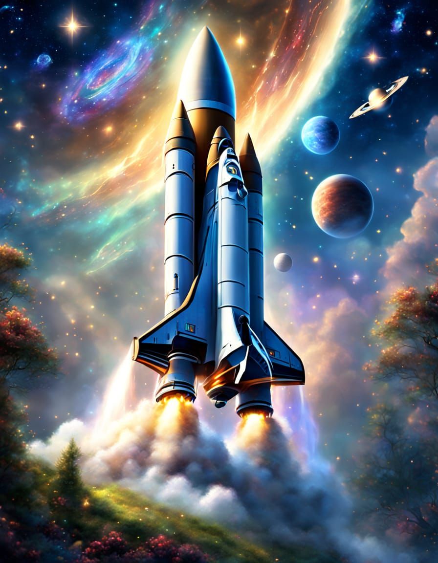 Rocket Launch in Ethereal Fantasy Thomas Kinkade Style