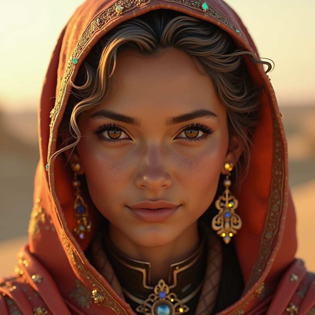 Majestic Warrior Woman in Celestial Armor Amidst Dreamlike L...