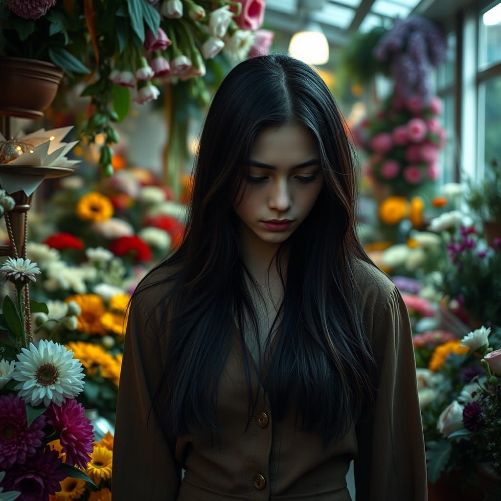 Melancholic Woman in Flower Shop: Cinematic Portrait