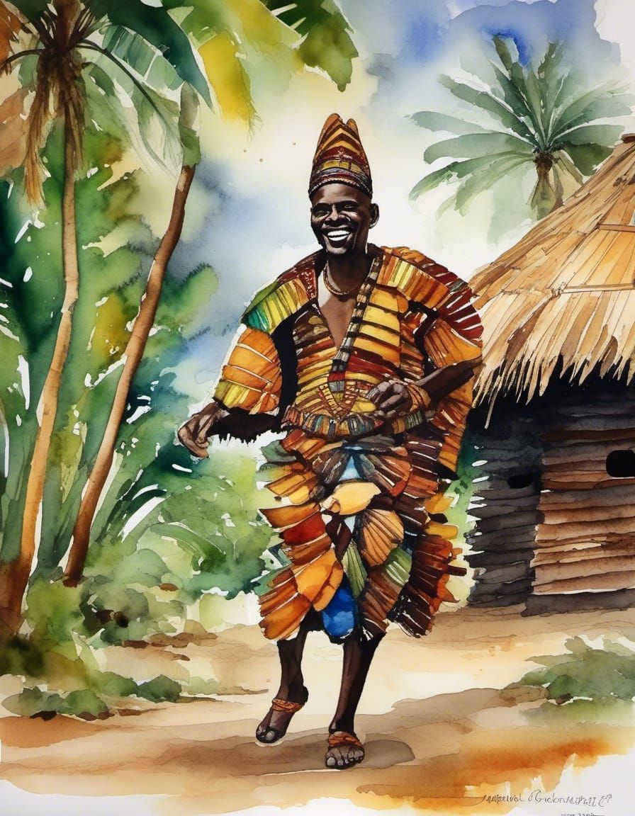 Alcohol Ink and Watercolor smiling Proud African Man in warrior Dress dancing outside a banana leaf hut with a storm rol...