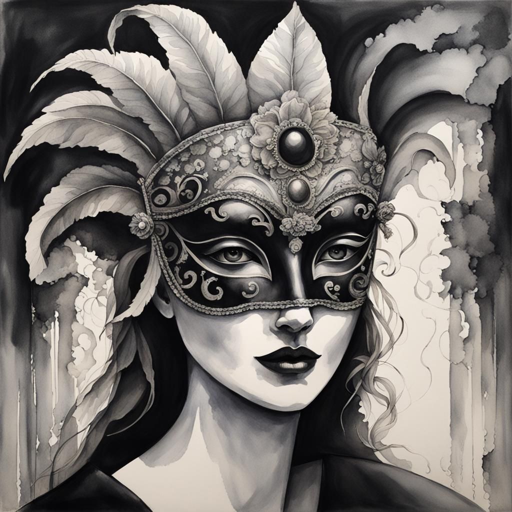 Woman in Venetian Mask: Black and White Watercolor