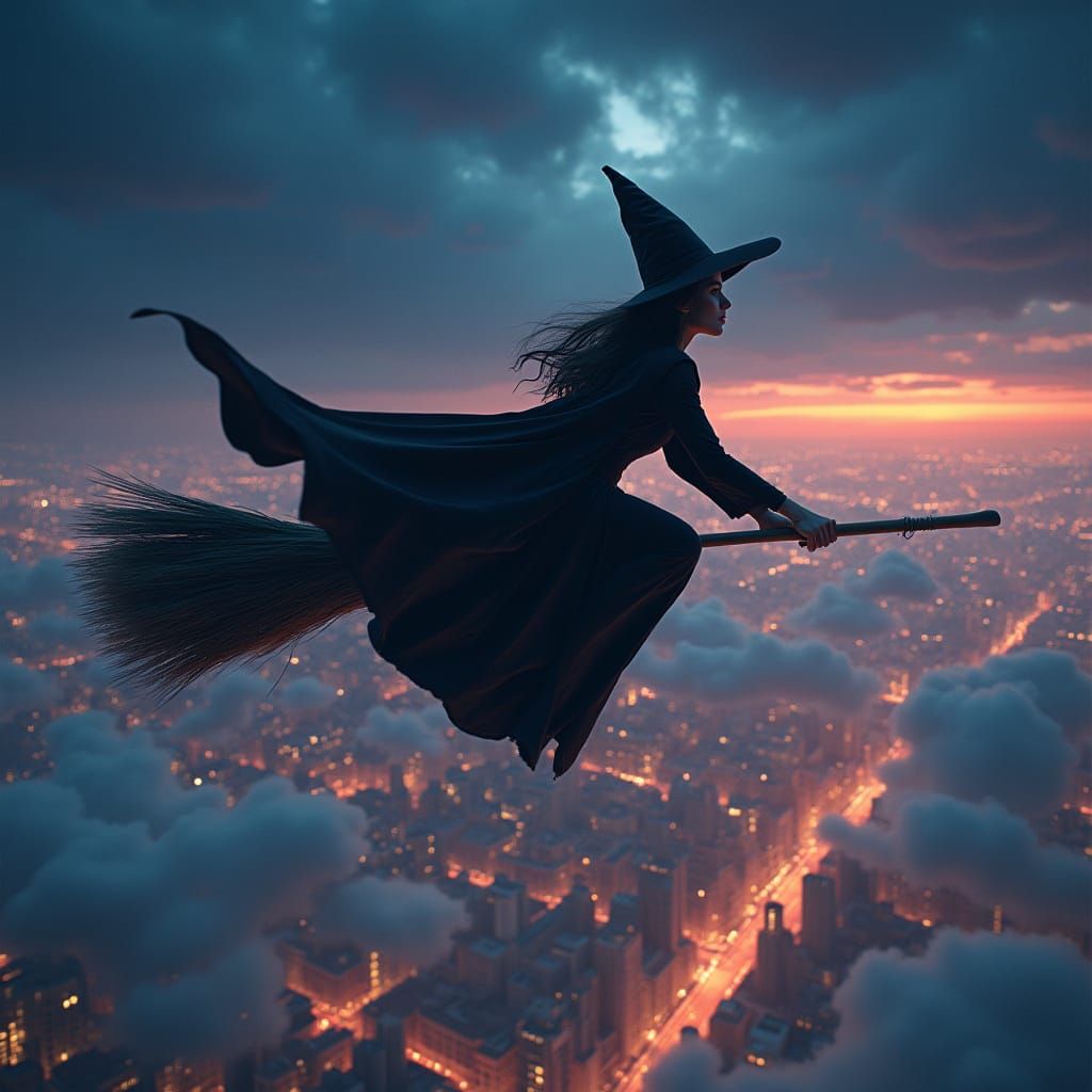 Witch Flying Over Cityscape at Night in POV Shot