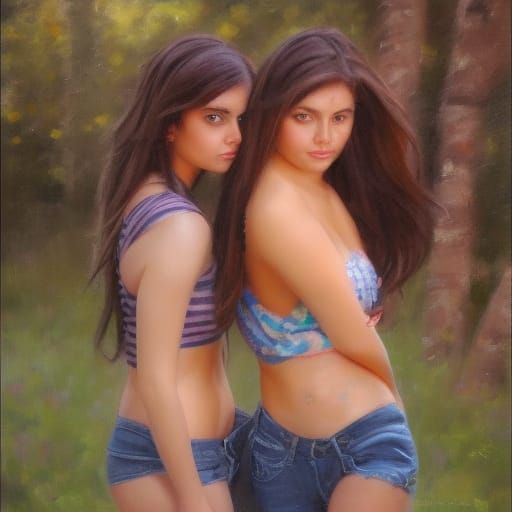 Oil Painting of Attractive Girls in Natural Light