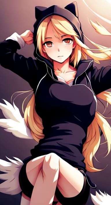 Anime Wolf-Eared Girl in Black Hoodie