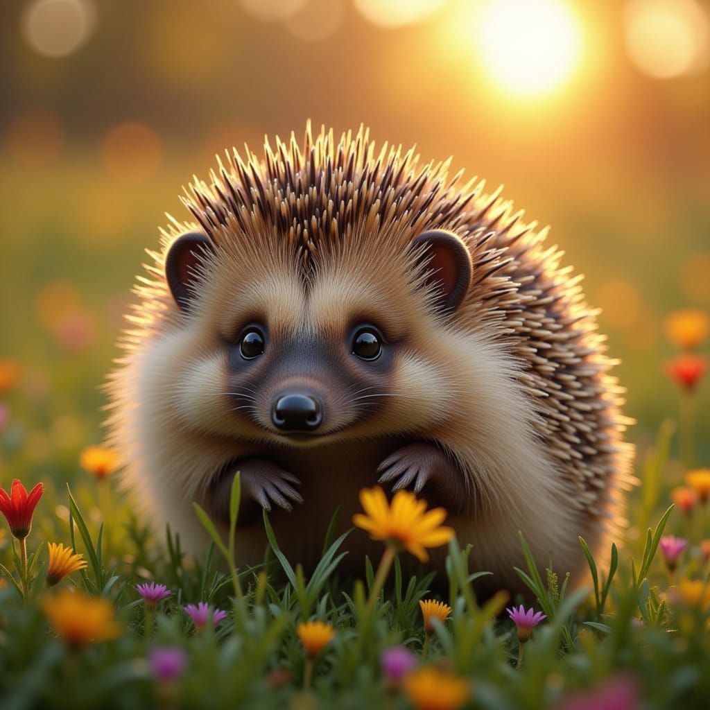 Surreal Hedgehog in Soft, Fluffy Fur against Vibrant Meadow
