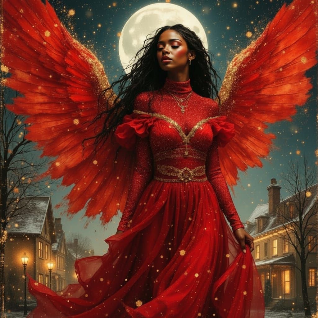 African Christmas Angel Flies Through Moonlit Suburb