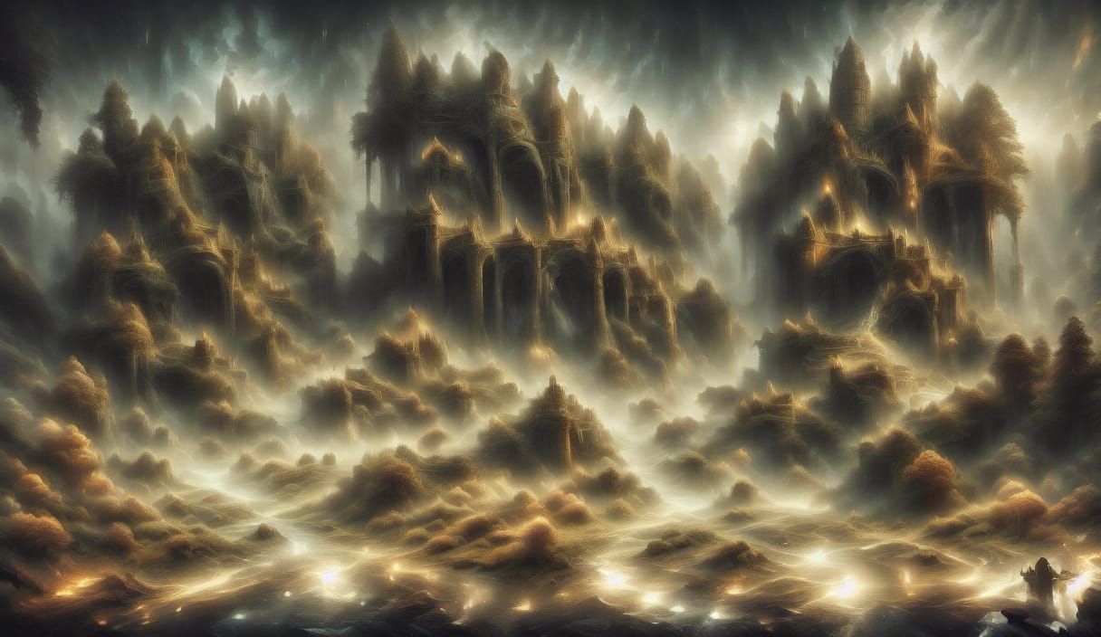 Mysterious Traveler in Foggy Cosmic Forest Landscape