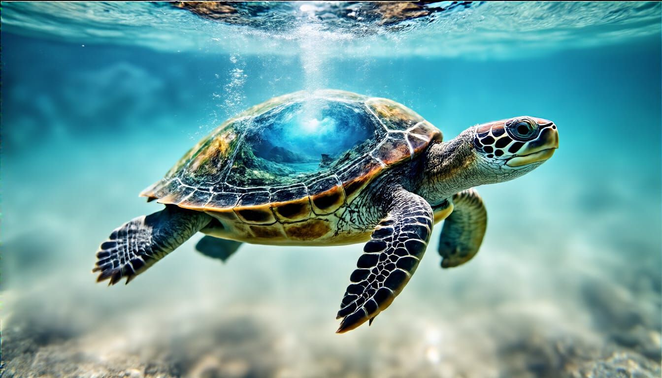 Double Exposure: Turtle in Water Universe