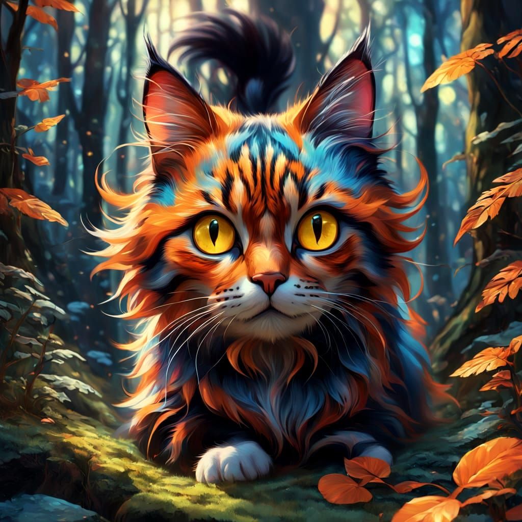 Mystical Feline Encounter in Whimsical Woodland