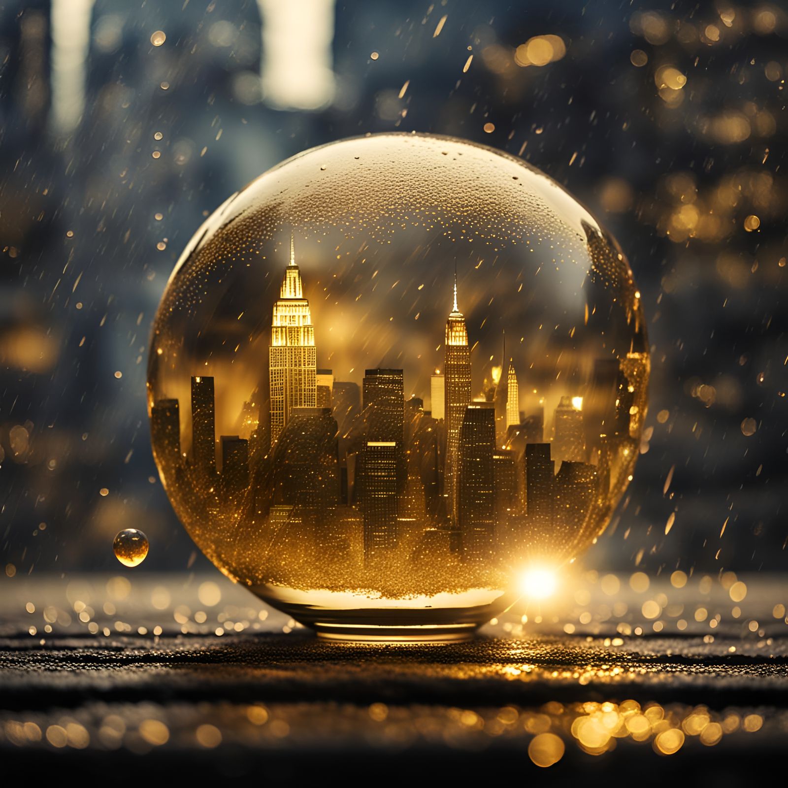 New York Skyline in Glass Ball with Golden Smoke