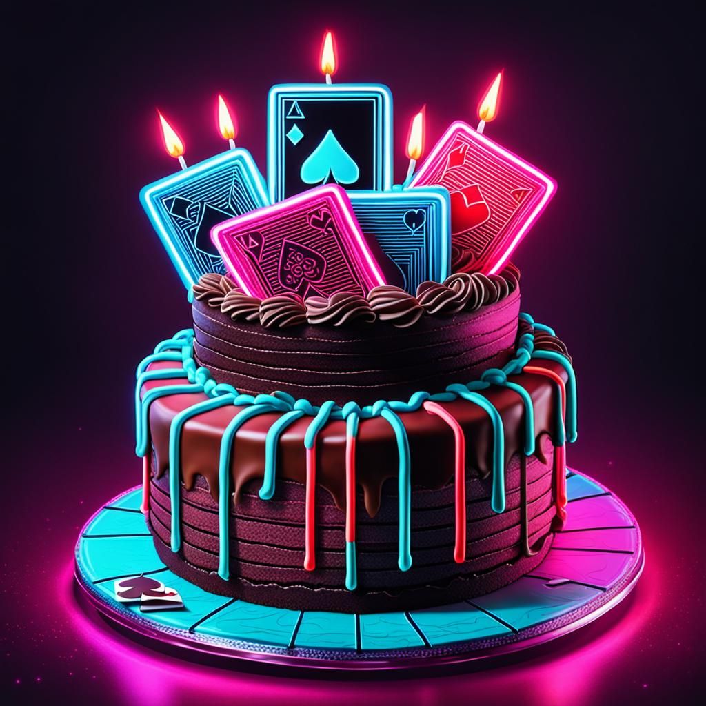 Poker Cards Birthday Cake in Synthwave Neon Style