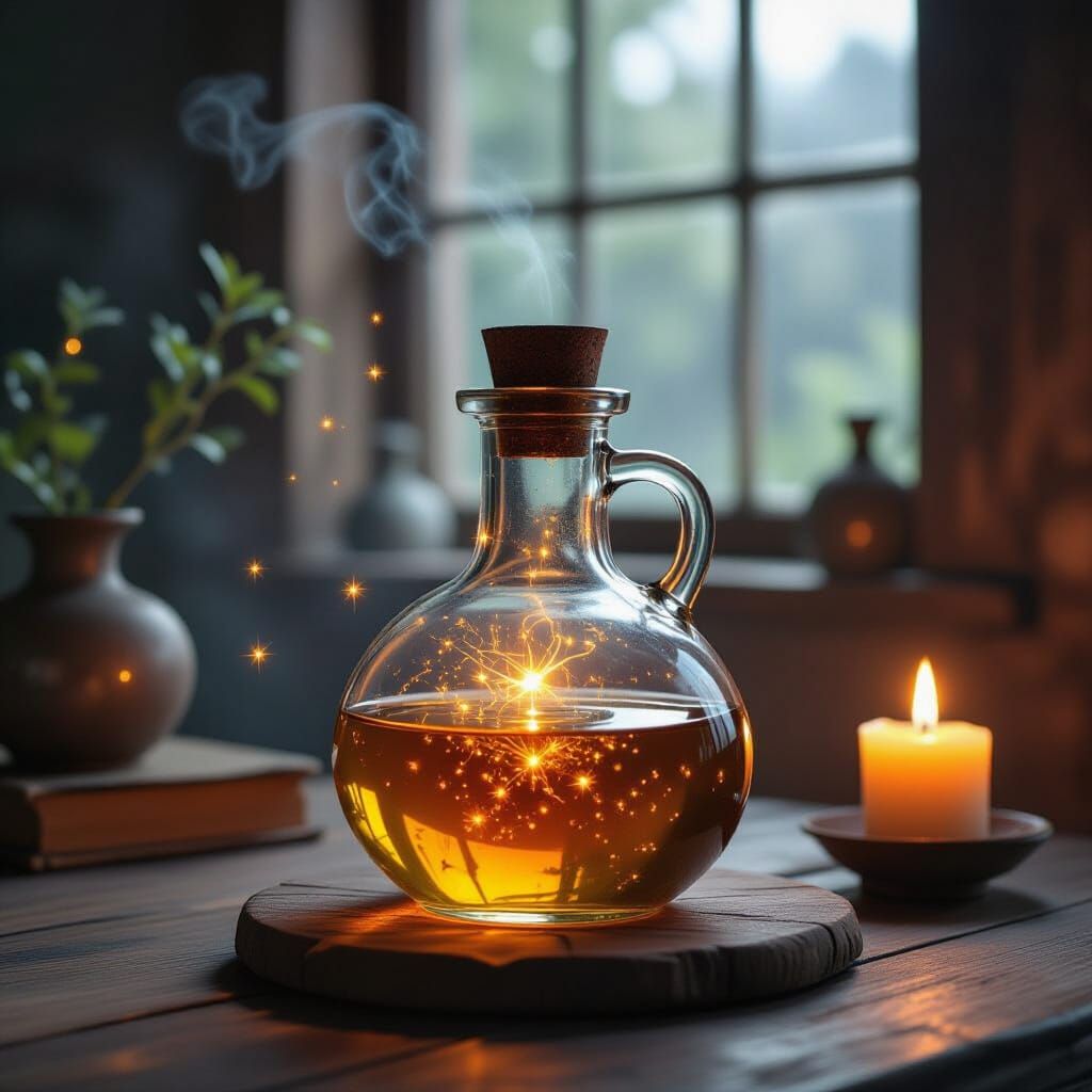 Magical Potion in Ancient Glass Bottle with Golden Shimmers