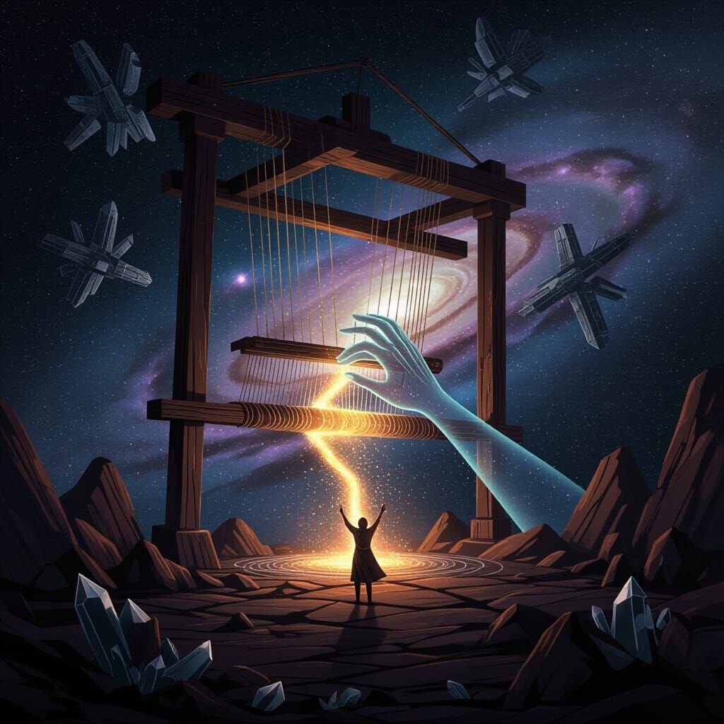 Cosmic Nebula Loom with Ethereal Hand and Starlight