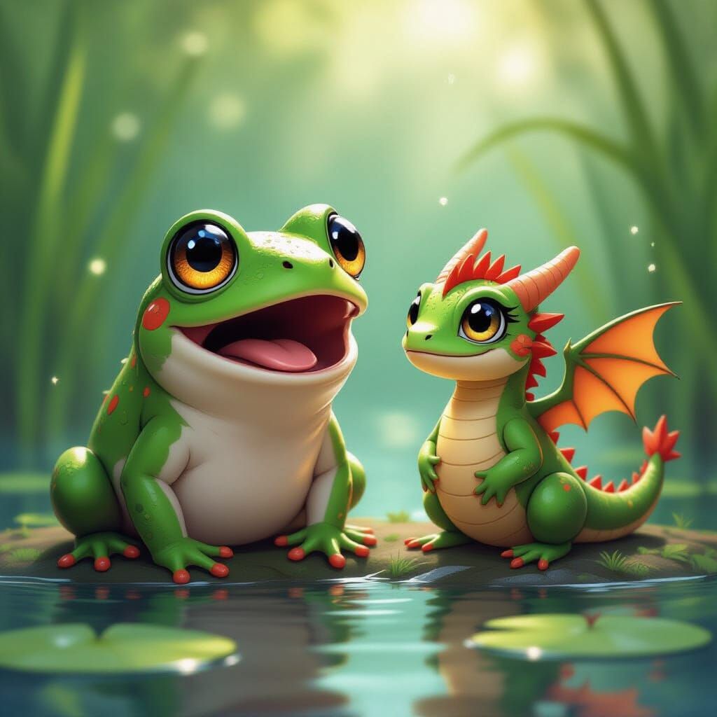 Surprised Frog Catches Dragon in Kawaii Anime Style