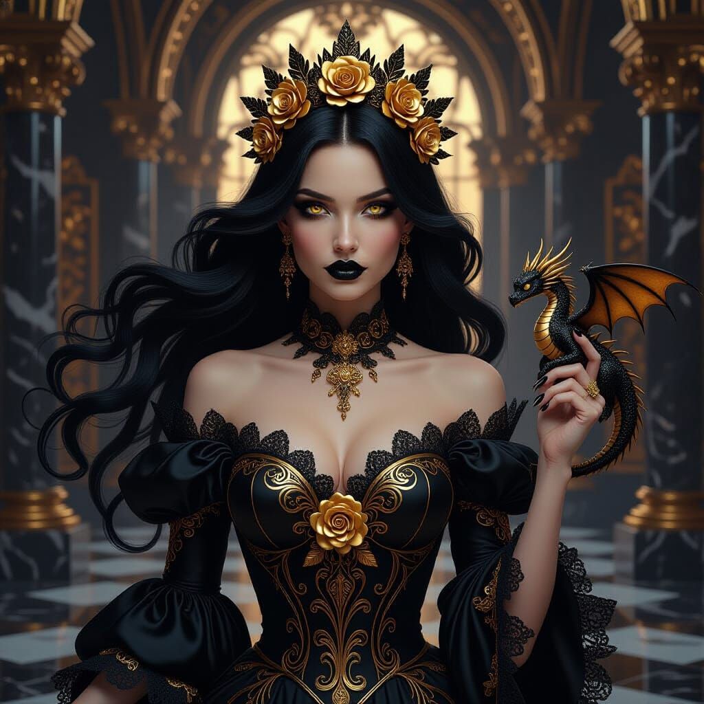 Gothic Woman with Gold Dragon in Marble Room