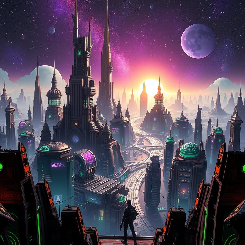 Futuristic Metropolis in Space: A Vibrant Concept Art