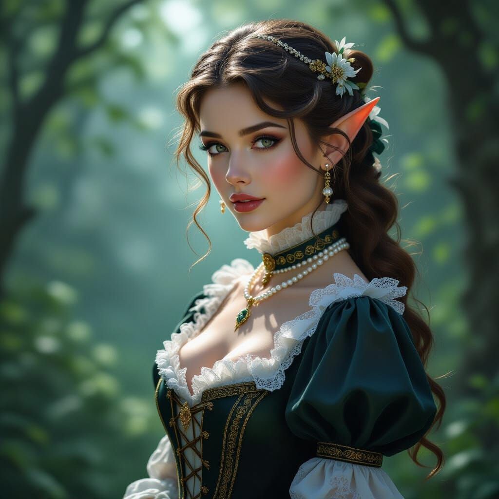 Victorian Elf in Misty Forest: Photorealistic Image